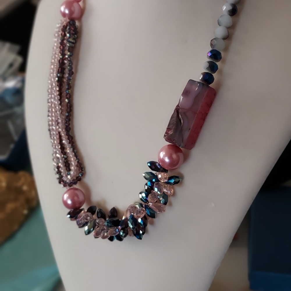 Eclectic Pink and Blue Beaded Necklace with Unique Design
